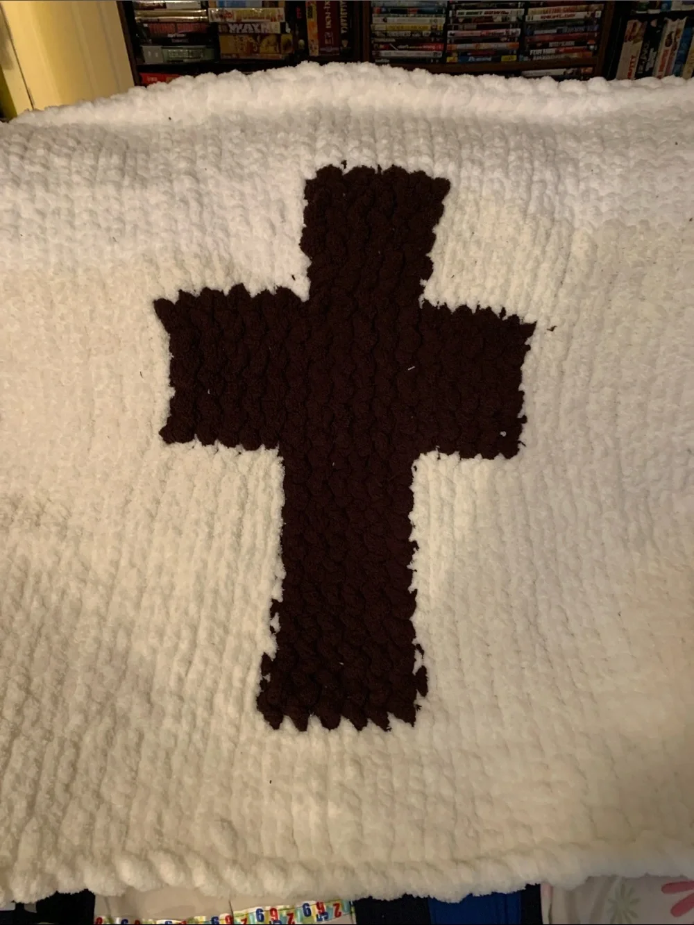 Chunky Hand Knitted Plush Lap Throw Blanket With Brown Cross 40x43